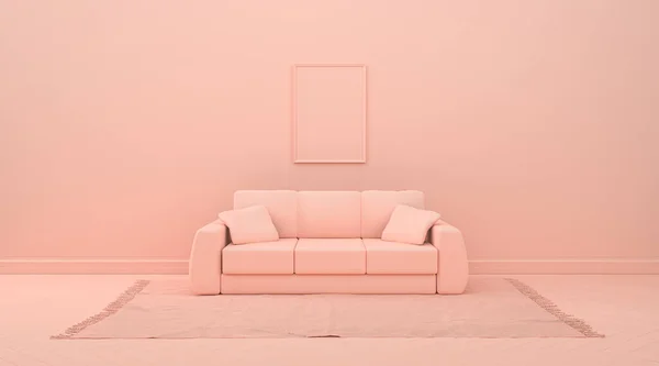 picture frame mock-up room in monochrome pinkish orange color with furnitures and room accessories  for web page, presentation or picture frame backgrounds, 3D rendering, light and flat colors