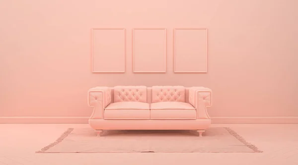 Képkeret Mock Szoba Monokróm Rózsaszínű Narancssárga Színben Bútorokkal Szobai Kiegészítőkkel — Stock Fotó