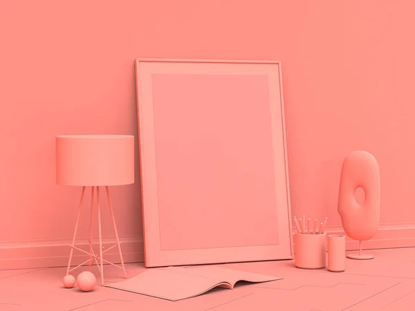 Quadro Cartaz Vertical Chão Uma Sala Monocromática Rosa Com Lâmpada — Fotografia de Stock
