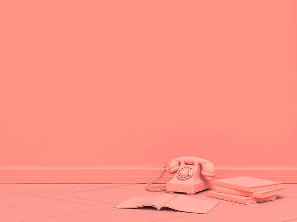 Boş duvar, retro telefon ve parke zemin üzerindeki kitaplar tek renk, düz, katı tek renkli pembe oda, 3D tasarım, resim çerçevesi modeli.