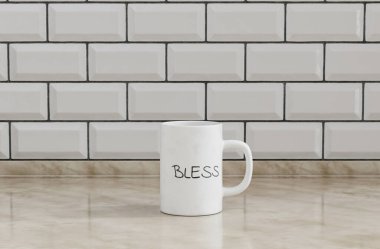 Ön taraftaki mutfak tezgahında tek kahve fincanı mozaik tesselleştirilmiş duvar, yakın görüş, 3D görüntüleme.