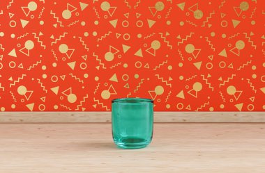 Ahşap mutfak tezgahında tek yeşil renkli su camı dekoratif turuncu duvar, yakın görüş, 3D görüntüleme.