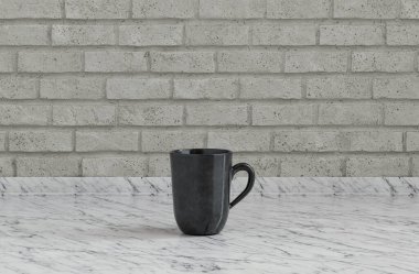 Ön taraftaki mutfak tezgahında tek siyah kahve fincanı gri tuğlalı duvar, yakın plan görüntü, 3D görüntüleme.
