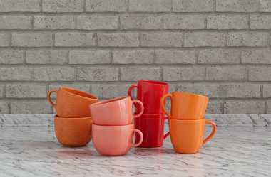 Kırmızı ve turuncu kahve fincanları üst üste istiflenmiş mutfak tezgahında tuğla duvar, ön manzara ve yakın plan, 3D görüntüleme.