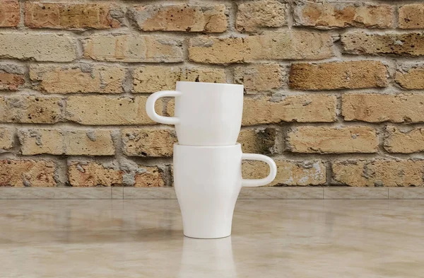 咖啡杯堆放在厨房台面的顶部 上面有砖墙 前视图和特写 3D渲染 — 图库照片