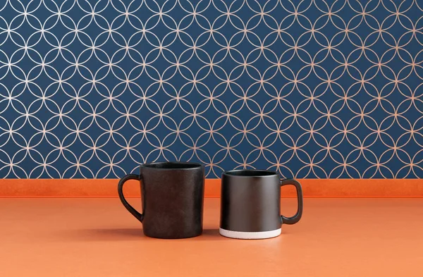Två Svarta Kaffekoppar Sida Vid Sida Orange Front Utsikt Kök — Stockfoto
