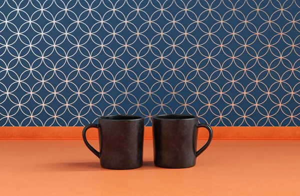 Två Svarta Kaffekoppar Sida Vid Sida Orange Och Blå Färg — Stockfoto