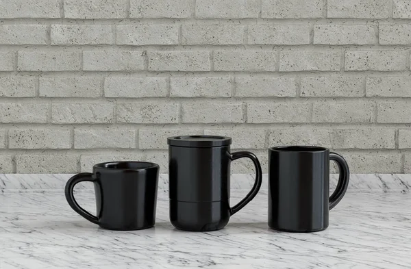 Tres Tazas Café Color Negro Lado Lado Encimera Cocina Con — Foto de Stock