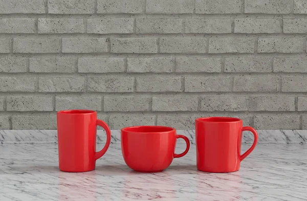 Три Красного Цвета Кофе Кружки Бок Бок Кухне Столешницы Стеной — стоковое фото