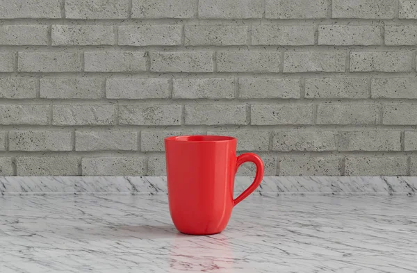 Enkel Röd Färg Kaffemugg Främre Kök Bänkskiva Med Grå Kakel — Stockfoto