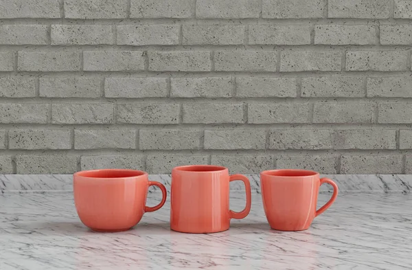 Tane Pembe Porselen Kahve Fincanı Mutfak Tezgahında Yan Yana Duvarlı — Stok fotoğraf