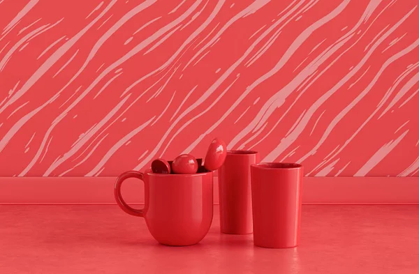 Två Enda Röda Färg Vattenglas Och Kaffemugg Sida Vid Sida — Stockfoto