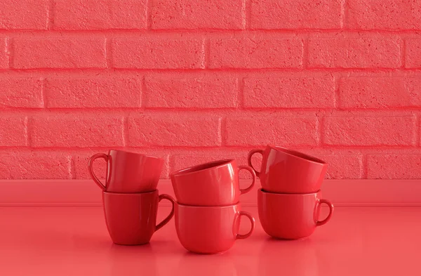 Red Coffee Mugs Stacked Top Each Other Flat Monochrome Red — стоковое фото