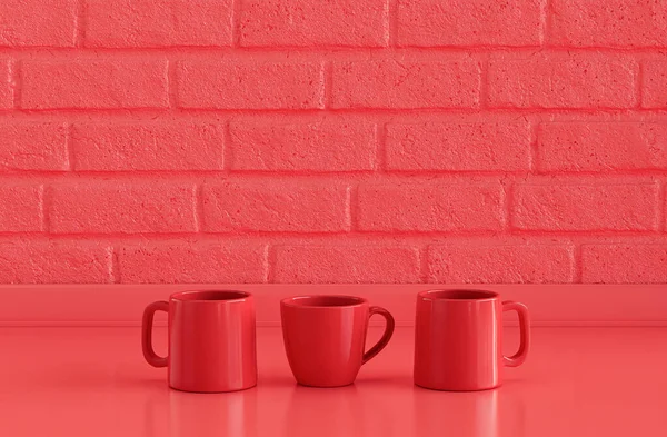 Drei Rote Kaffeebecher Nebeneinander Auf Monochromer Roter Küchenarbeitsplatte Mit Wand — Stockfoto