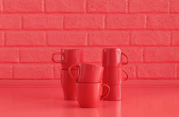 Tazas Café Color Rojo Apiladas Una Encima Otra Plano Encimera —  Fotos de Stock