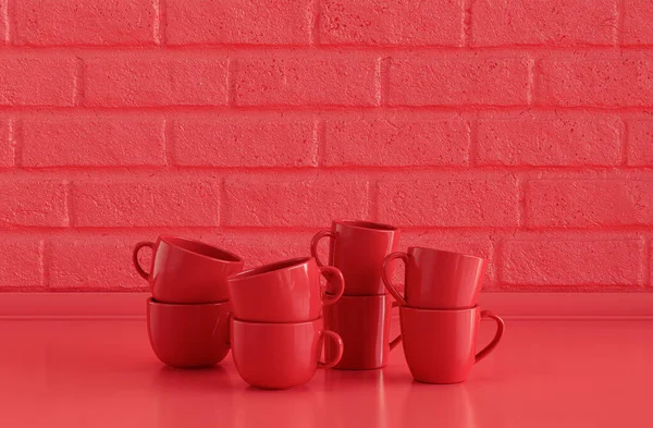 Tazas Color Rojo Apiladas Una Encima Otra Plano Encimera Cocina —  Fotos de Stock