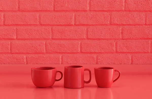 Três Canecas Café Porcelana Rosa Lado Lado Monocromática Bancada Cozinha — Fotografia de Stock