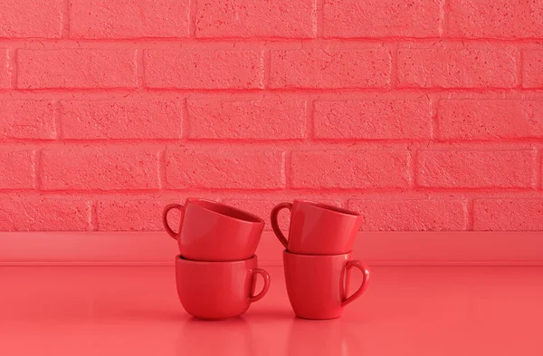 커피와 머그잔들 층층이 단조로운붉은 카운터 렌더링 — 스톡 사진