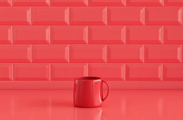 Singola Tazza Caffè Monocromatica Colore Rosso Sul Bancone Della Cucina — Foto Stock