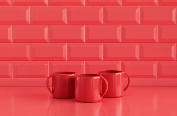 Fast Röd Färg Tre Olika Kaffemuggar Sida Vid Sida Enfärgad — Stockfoto