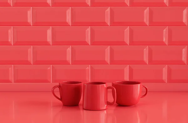 Jednoduchá Červená Barva Dva Hrnky Kávu Jeden Espresso Šálek Vedle — Stock fotografie