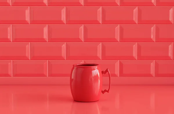 Einfarbige Rote Kaffeetasse Auf Monochromer Roter Küchentischplatte Mit Fayence Mosaik — Stockfoto