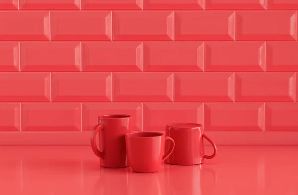 单色红色两个咖啡杯和一个浓缩咖啡杯并排放在单色红色厨房台面墙壁上 关上前视图 3D渲染 — 图库照片