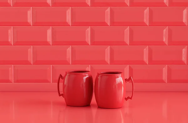 Kırmızı Kahve Fincanı Tek Renkli Kırmızı Mutfak Tezgahında Yan Yana — Stok fotoğraf