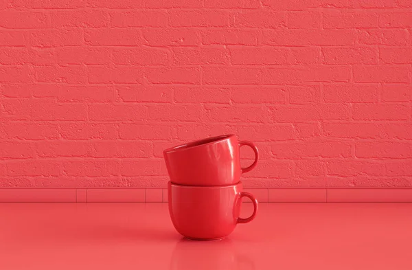 Single Red Color Coffee Mugs Stacked Top Each Other Flat — стоковое фото