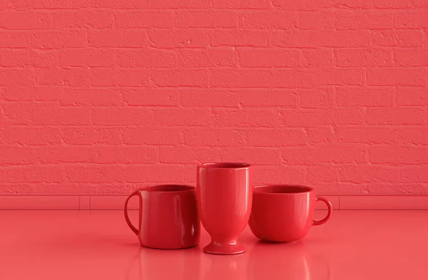 Einzelne Rote Farbe Kaffeebecher Und Ein Wasserglas Nebeneinander Auf Monochromer — Stockfoto