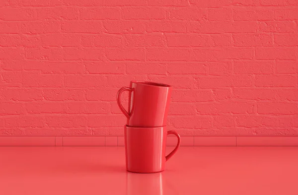 Tazas Café Rojo Apiladas Una Encima Otra Plano Encimera Cocina —  Fotos de Stock