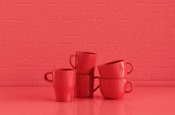Einfarbige Rote Kaffeebecher Übereinander Gestapelt Auf Flacher Monochromer Roter Küchenarbeitsplatte — Stockfoto