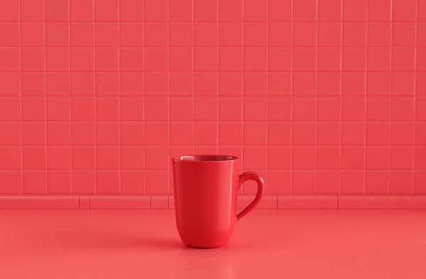 Single Red Coffee Mug Monochrome Red Color Kitchen Counter Top — Stock Photo, Image