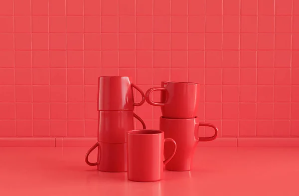 Einfarbige Rote Kaffeebecher Übereinander Gestapelt Auf Flacher Monochromer Roter Farbtheke — Stockfoto