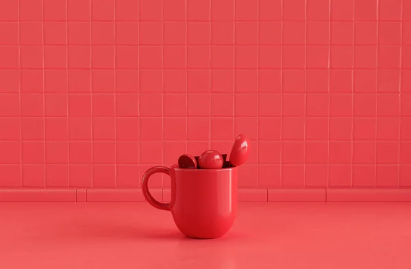 Одноколірні Ложки Чашки Червоного Кольору Ній Монохромній Кухонній Стільниці Червоного — стокове фото
