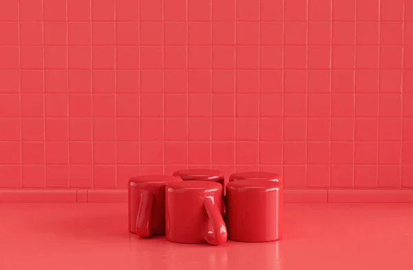 Красный Цвет Три Разные Кофейные Кружки Бок Бок Монохромной Красной — стоковое фото