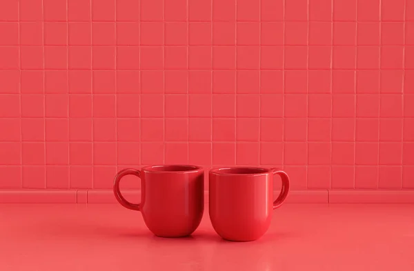 Zwei Einzelne Rote Farbe Kaffeetassen Nebeneinander Auf Einzelnen Roten Farbe — Stockfoto