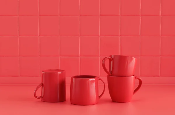 Enfärgad Röd Färg Olika Kaffemuggar Sida Vid Sida Enfärgad Röd — Stockfoto