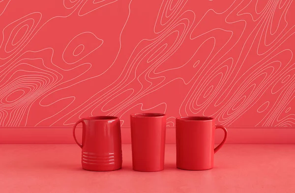 Singel Röd Färg Kaffemuggar Och Ett Glas Vatten Sida Vid — Stockfoto