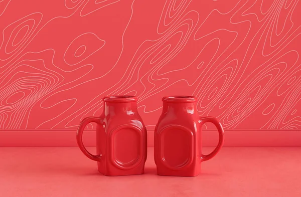 Dos Vasos Agua Color Rojo Lado Lado Encimera Cocina Vista —  Fotos de Stock
