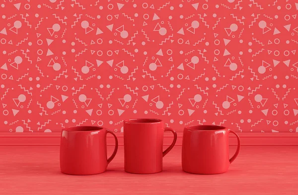 Solid Czerwony Kolor Trzy Różne Kubki Kawy Obok Siebie Monochromatyczne — Zdjęcie stockowe