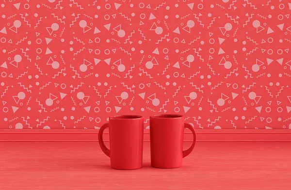 Дві Червоні Порцелянові Чашки Кави Пліч Пліч Кухонній Стільниці Червоного — стокове фото