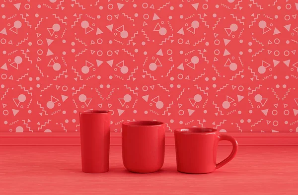Due Bicchieri Acqua Colore Rosso Singolo Una Tazza Caffè Fianco — Foto Stock