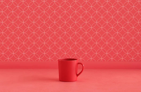 Einzelne Rote Kaffeetasse Auf Monochromer Roter Küchentischplatte Mit Fayence Mosaik — Stockfoto