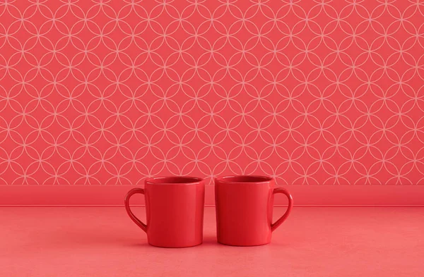 Två Röda Kaffekoppar Sida Vid Sida Monokrom Röd Färg Framsida — Stockfoto