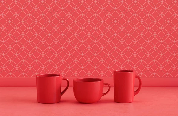 Fast Röd Färg Tre Olika Kaffemuggar Sida Vid Sida Enfärgad — Stockfoto