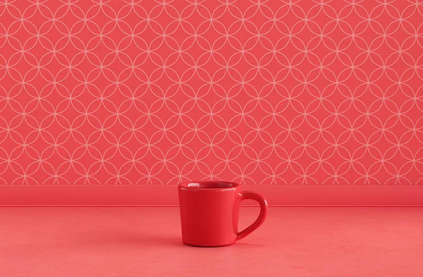 Einzelne Rote Kaffeetasse Auf Monochromer Roter Küchentischplatte Mit Fayence Mosaik — Stockfoto