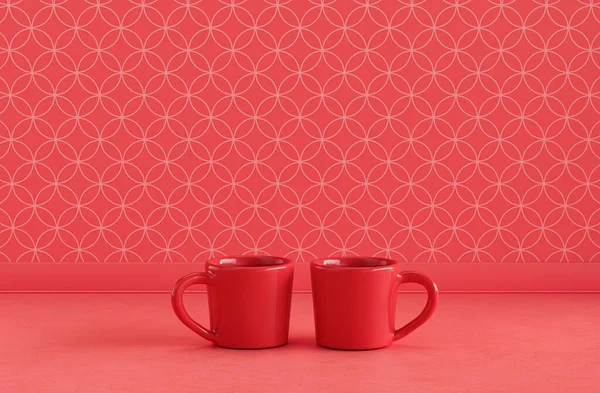 Två Röda Porslin Kaffekoppar Sida Vid Sida Monokrom Röd Färg — Stockfoto