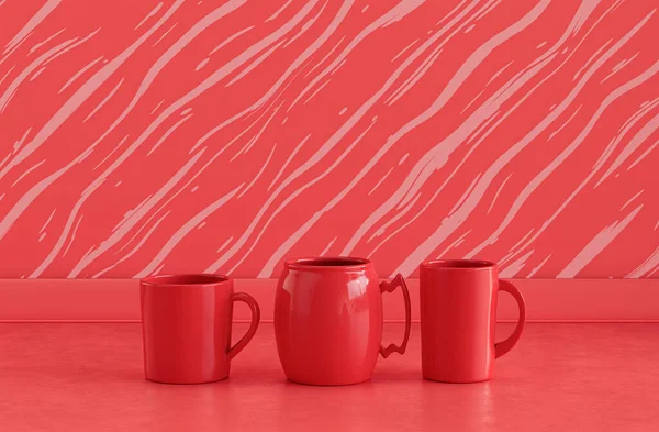 Fast Röd Färg Tre Olika Kaffemuggar Sida Vid Sida Rosa — Stockfoto