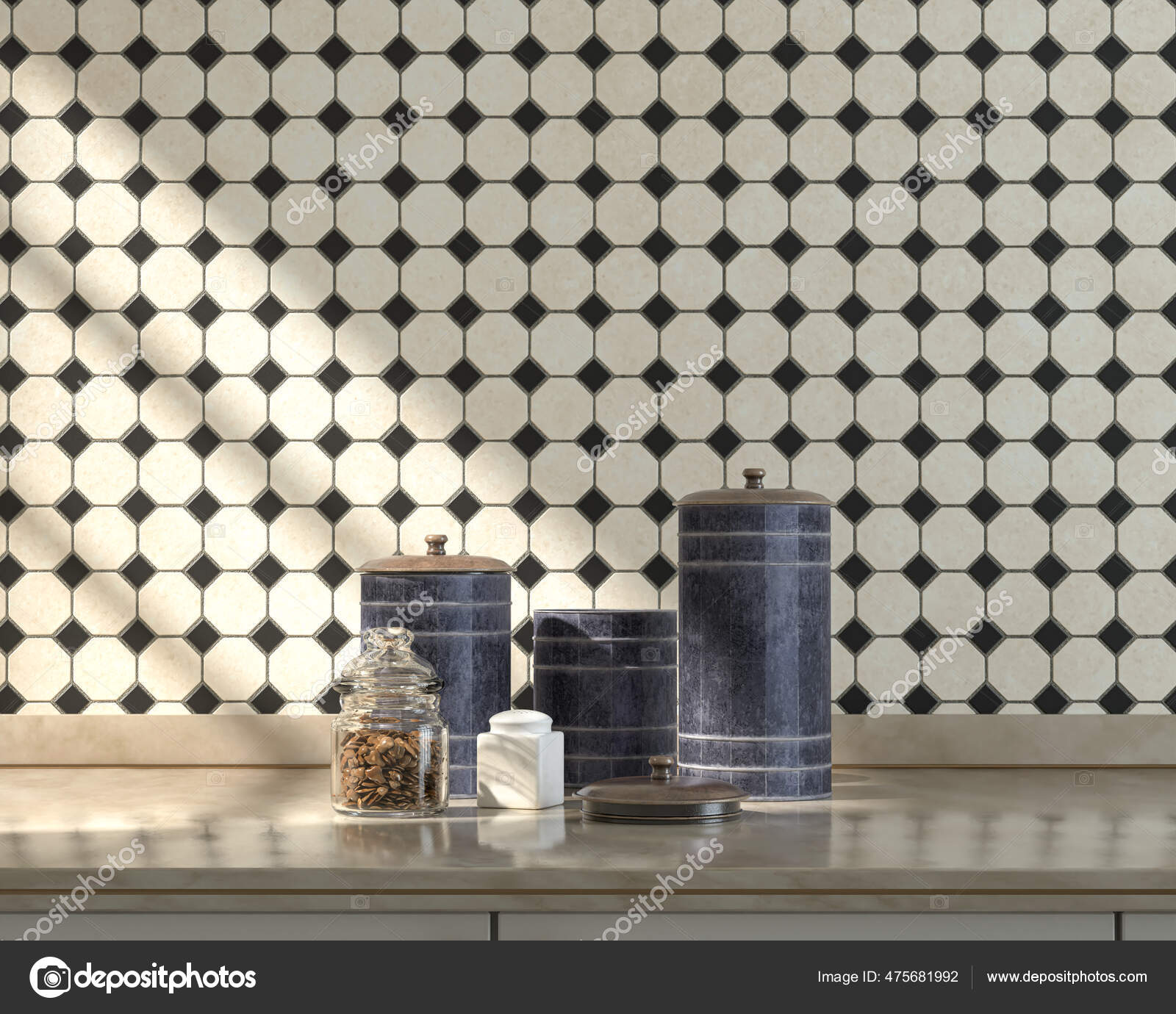 Front View Kitchen Marble Kitchen Countertop Jars Salt Pepper Shakers